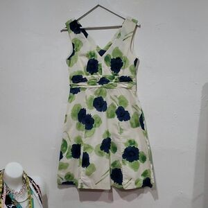 Boden Fit and Flare Dress with Navy and Green Watercolor Print
